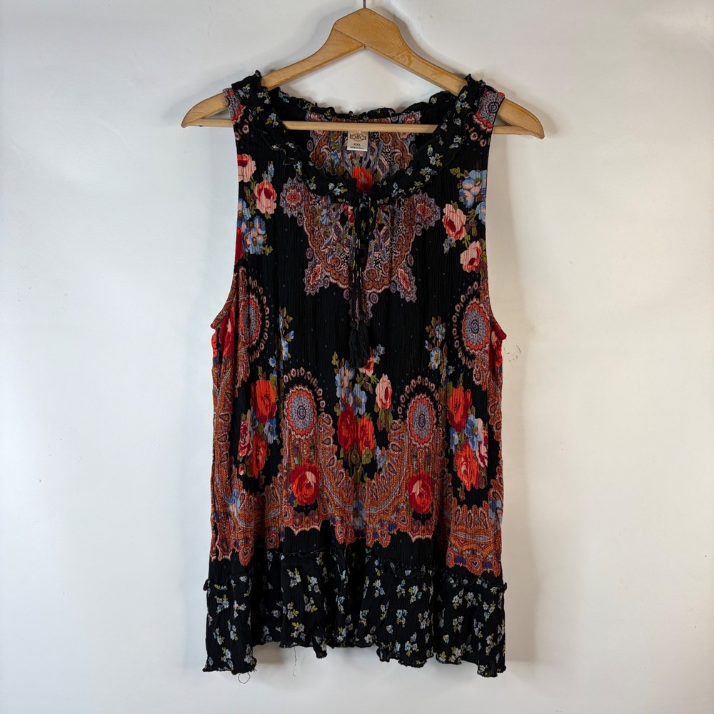 Bila Tank Top Women XXL Black Floral Paisley Crinkle Tassel Boho Sleeveless